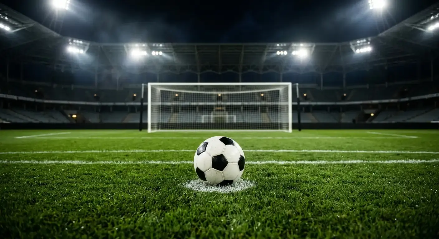 Futbalová lopta na značke pre penaltu na štadióne pod reflektormi, prázdna brána v pozadí, napätá atmosféra pred vyraďovacím zápasom