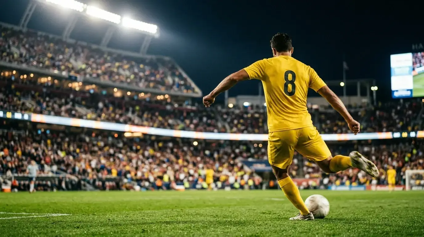 Soccer player in a yellow generic kit shoots towards goal during a night match at a packed modern stadium