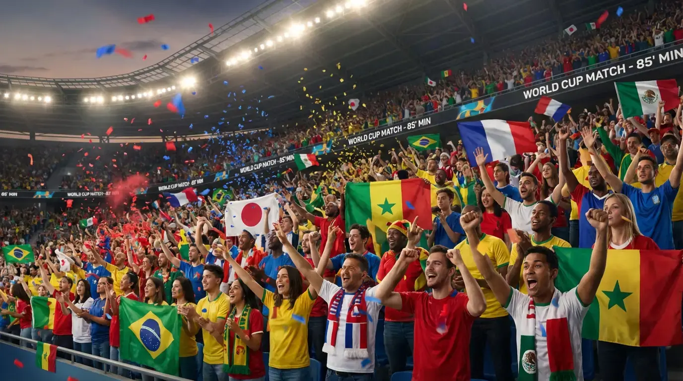 Fanúšikovia s vlajkami sledujú futbalový zápas na štadióne počas MS 2026