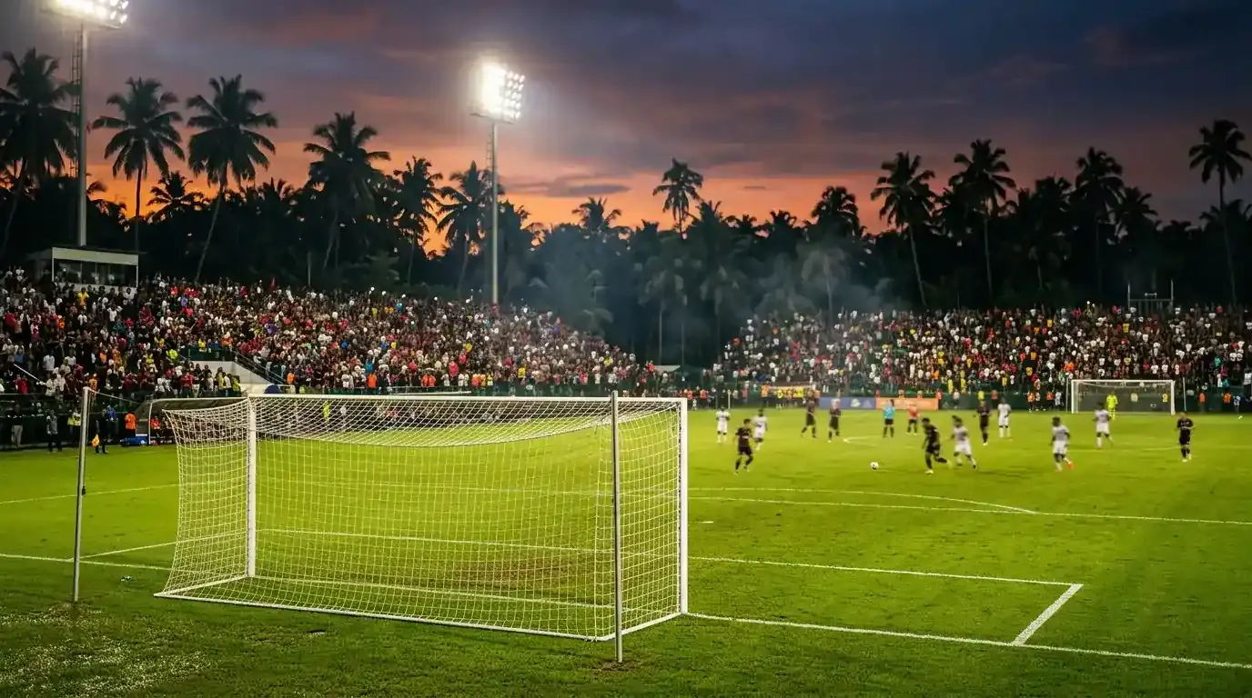 Teplé večerné svetlo na otvorenom futbalovom štadióne, palmy v pozadí, tropická atmosféra pred veľkým zápasom