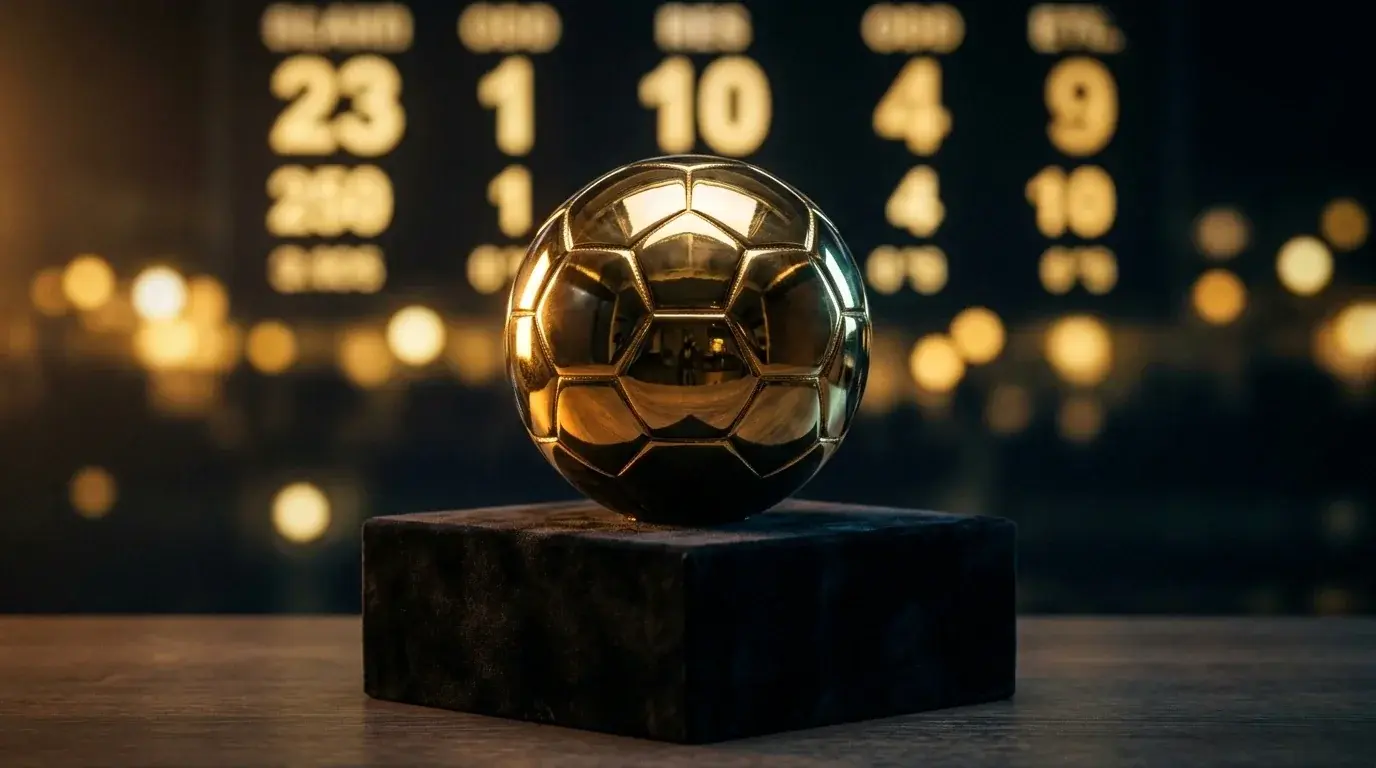 Lopta zlatej farby na piedestáli s ozdobnou stuhou na pozadí symbolizujúca trofej víťaza