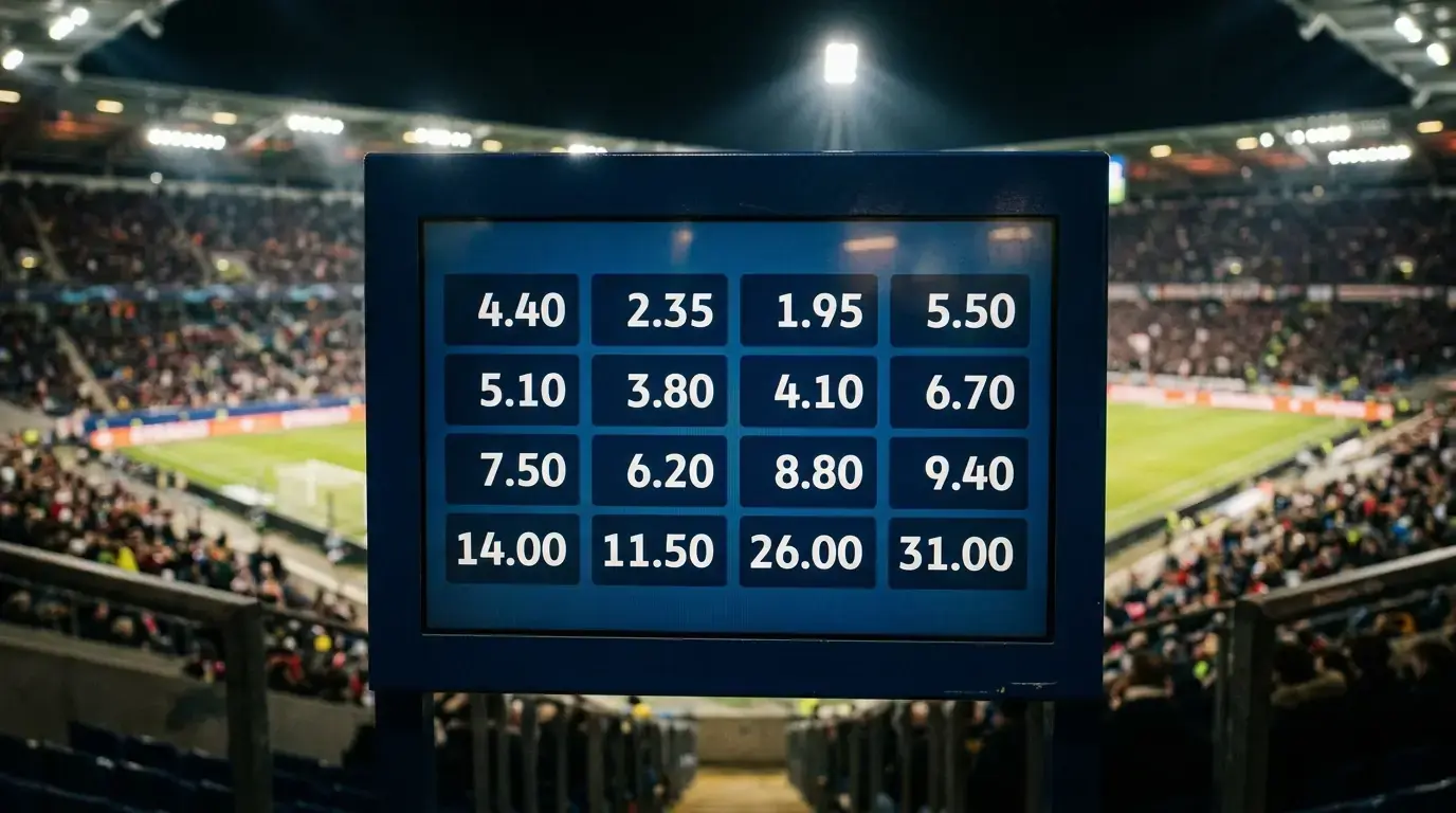 Tabule s kurzami na celkového víťaza svetového šampionátu vo futbale, modré pozadie, jasné svetlo v pozadí