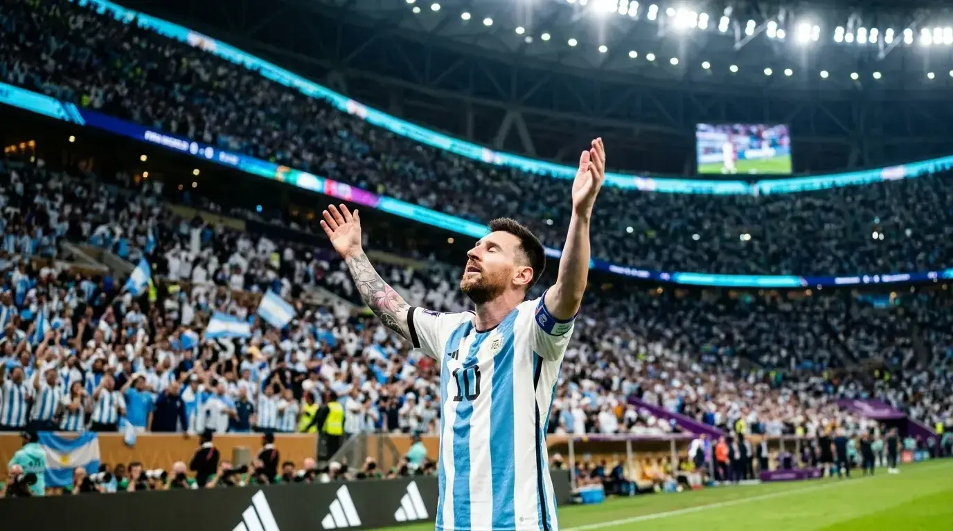 Argentínsky kapitán Lionel Messi zdvíha ruky po rekordnom góle proti Rakúsku na MS 2026