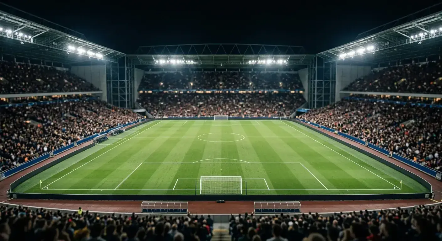Prázdny futbalový trávnik z výšky pod reflektormi večer, plná tribúna moderného štadióna jemne rozostrená