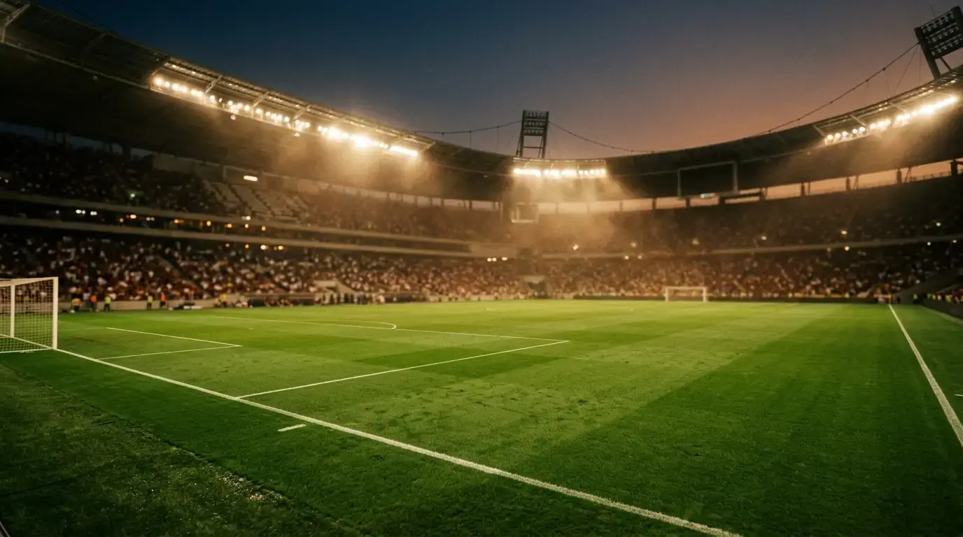 Prázdny futbalový trávnik večer pod reflektormi na veľkom otvorenom štadióne, horúca letná atmosféra, teplé svetlo
