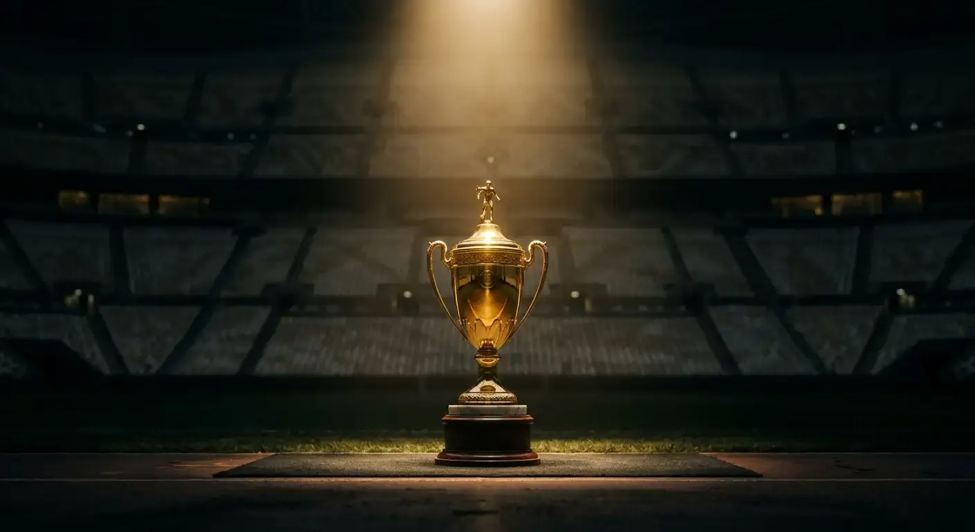 Zlatá trofej v centre pozornosti pod reflektormi na tmavom pozadí štadióna, mäkké svetlo, slávnostná atmosféra pred vrcholom turnaja