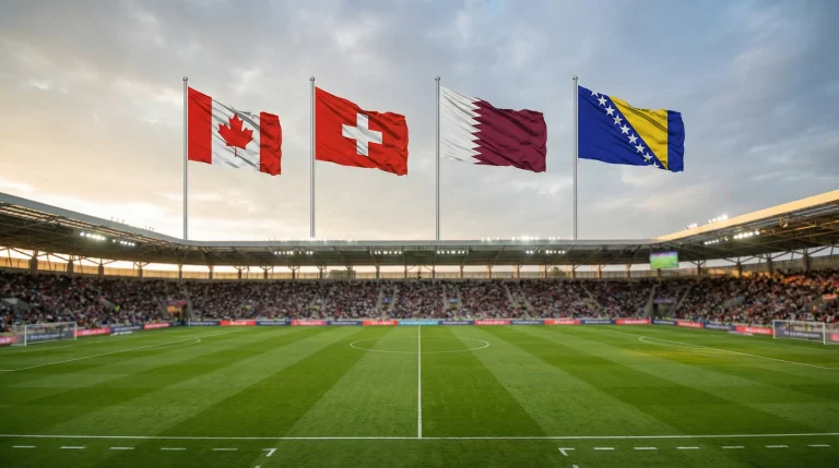 Skupina B MS 2026 zobrazujúca vlajky Kanady, Švajčiarska, Kataru a Bosny a Hercegoviny