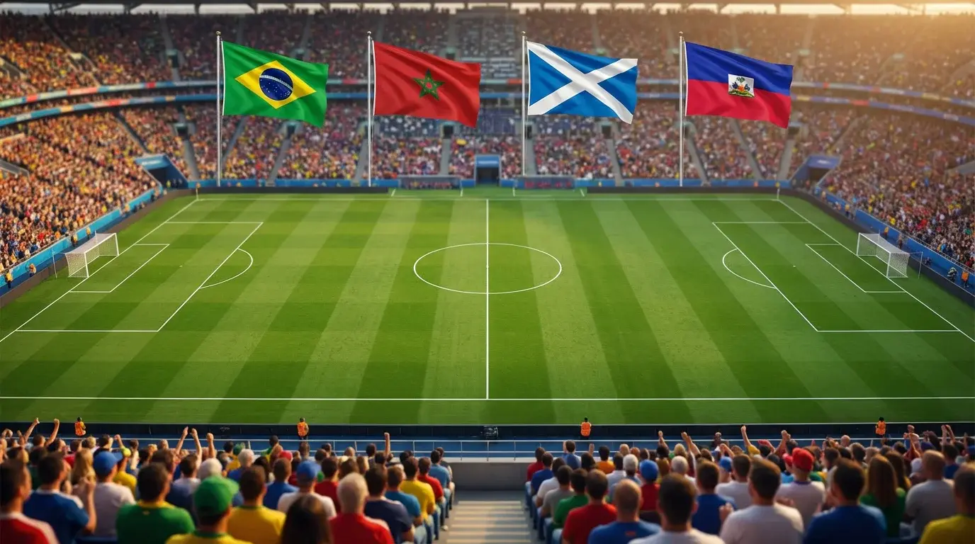 Skupina C MS 2026 s vlajkami Brazílie, Maroka, Škótska a Haiti na futbalovom pozadí