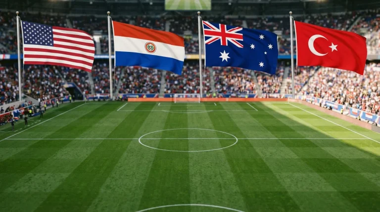 Skupina D MS 2026 zobrazujúca vlajky USA, Paraguaja, Austrálie a Turecka