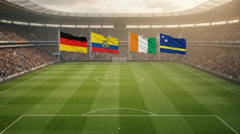 Skupina E MS 2026 s vlajkami Nemecka, Ekvádoru, Pobrežia Slonoviny a Curaçaa