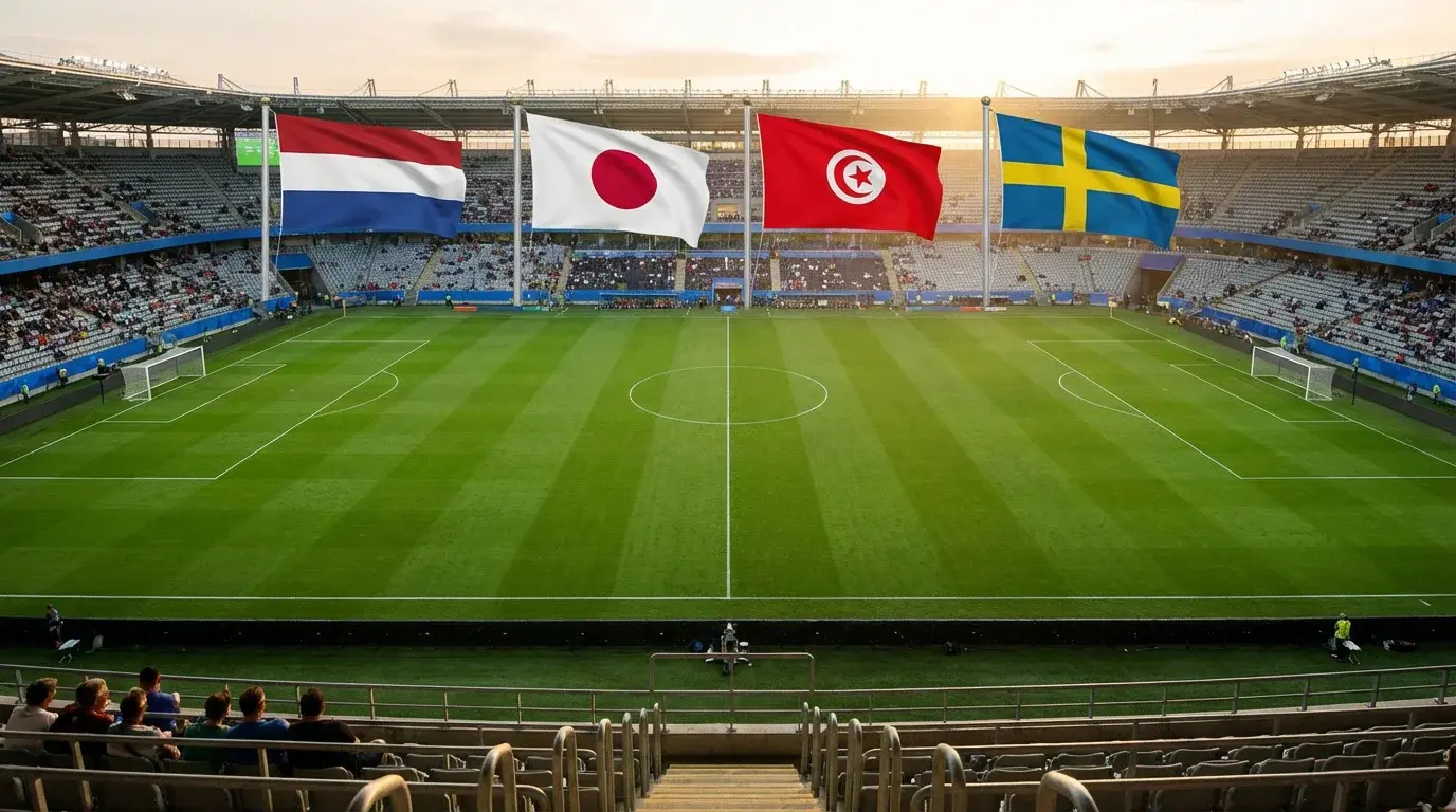 Skupina F MS 2026 s vlajkami Holandska, Japonska, Tuniska a Švédska