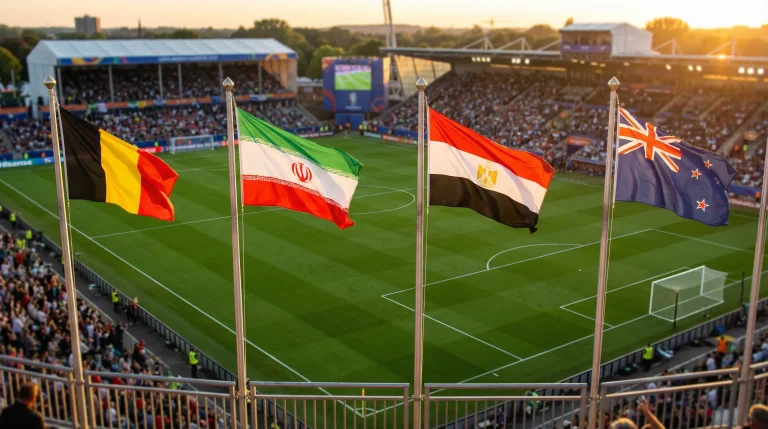 Skupina G MS 2026 s vlajkami Belgicka, Iránu, Egypta a Nového Zélandu