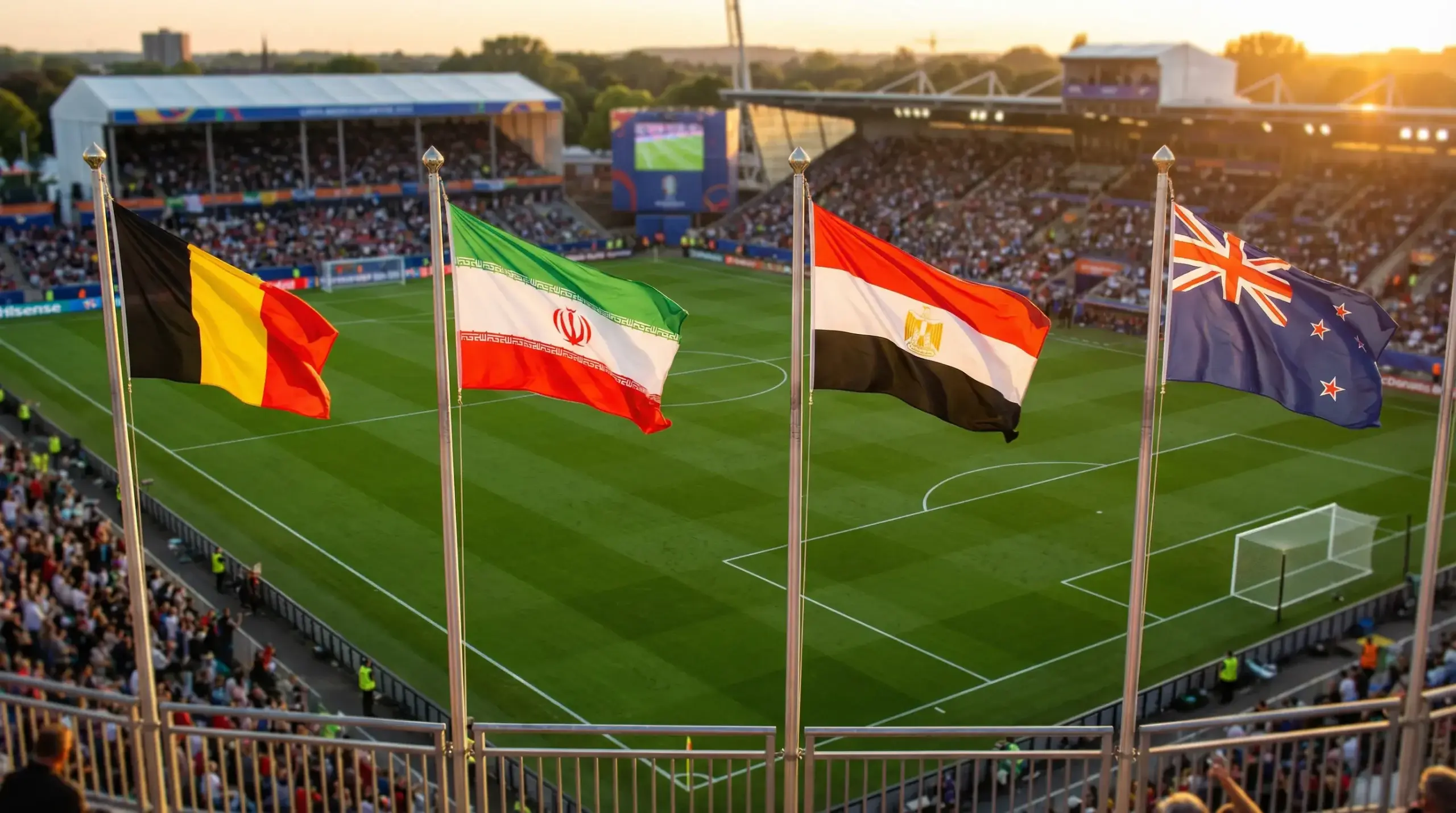 Skupina G MS 2026 s vlajkami Belgicka, Iránu, Egypta a Nového Zélandu