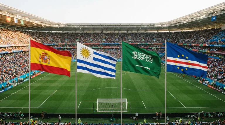 Skupina H MS 2026 s vlajkami Španielska, Uruguaja, Saudskej Arábie a Kapverd