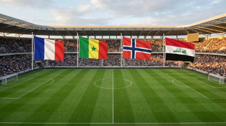 Skupina I MS 2026 s vlajkami Francúzska, Senegalu, Nórska a Iraku