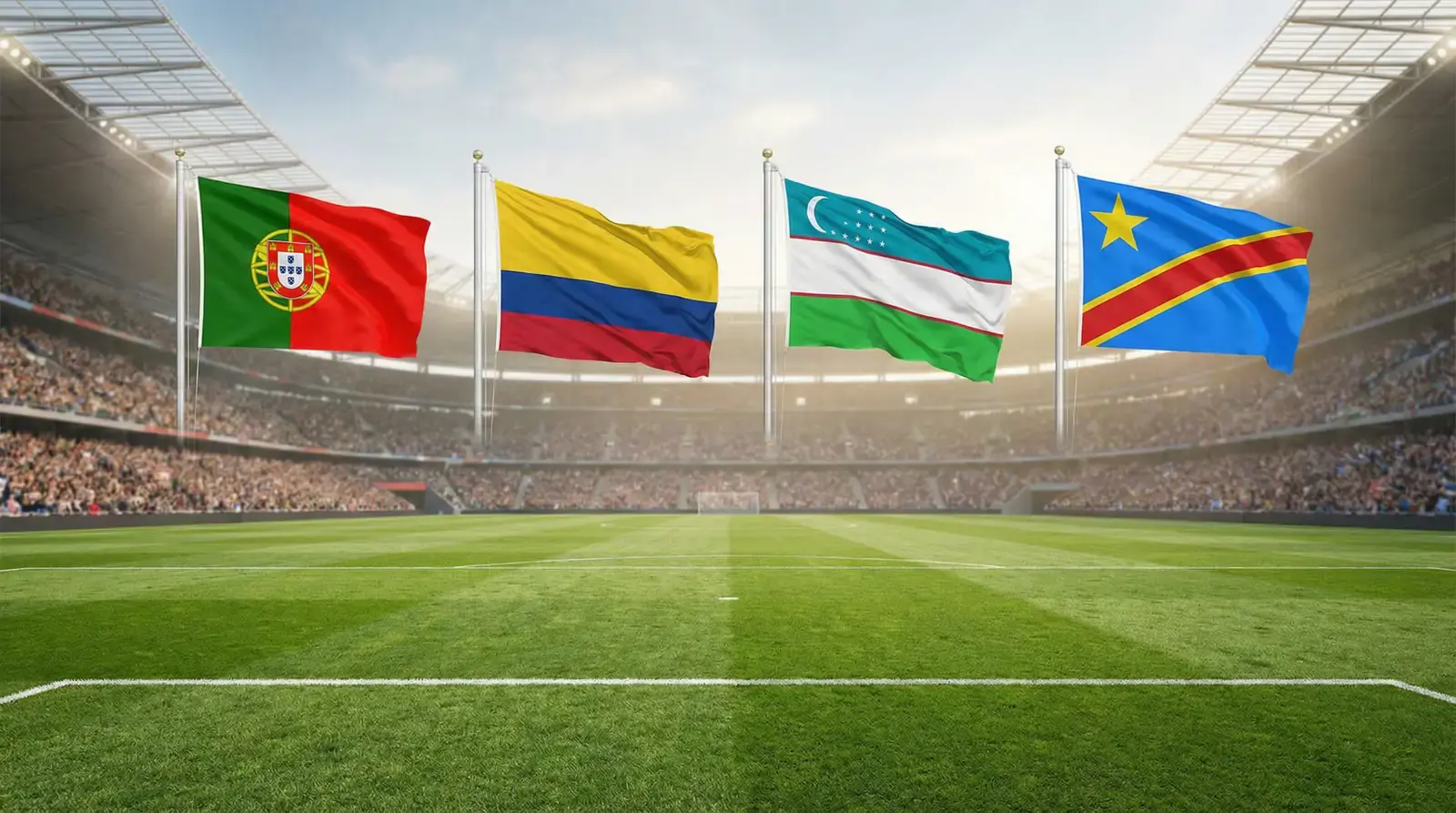 Skupina K MS 2026 s vlajkami Portugalska, Kolumbie, Uzbekistanu a DR Kongo