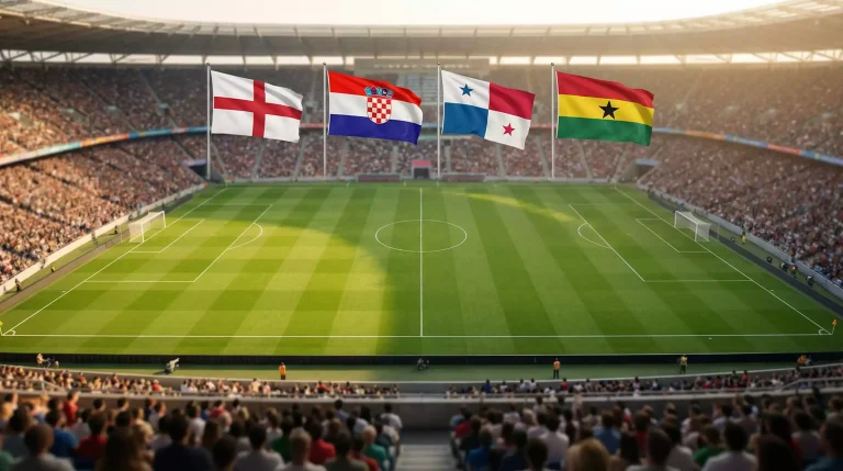 Skupina L MS 2026 s vlajkami Anglicka, Chorvátska, Panamy a Ghany