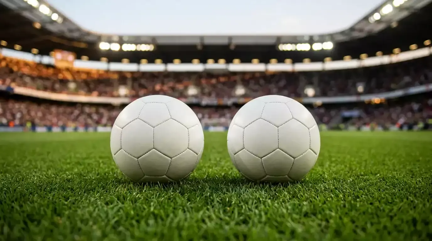 Dve futbalové lopty vedľa seba na trávniku pod večernými reflektormi, moderný štadión rozostrený v pozadí