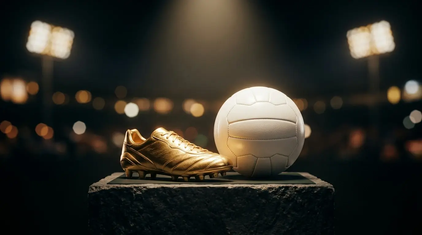 Zlatá futbalová kopačka a lopta na podstavci pod bodovým svetlom, tmavé pozadie s jemne rozostrenými reflektormi