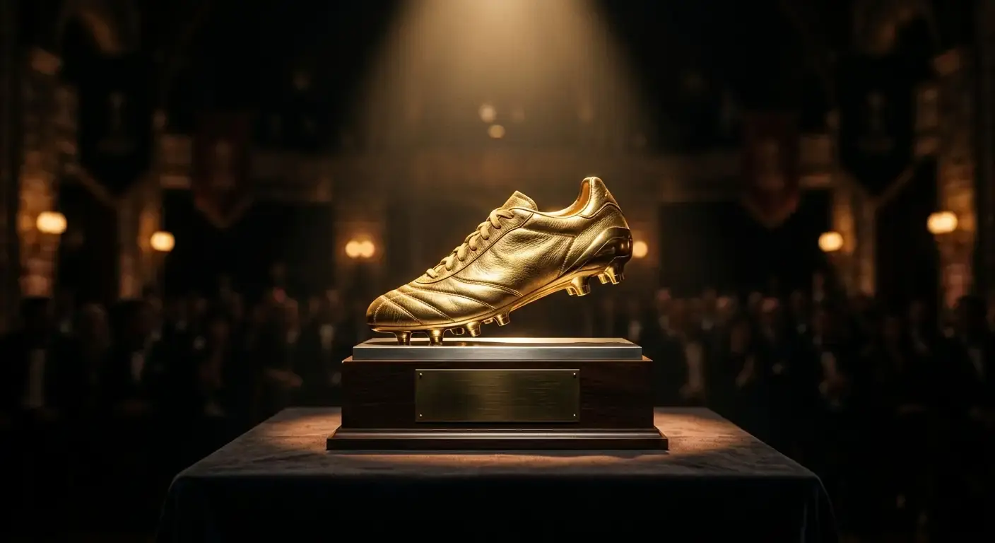 Zlatá futbalová kopačka ako trofej na podstavci pod bodovým svetlom, tmavé pozadie, slávnostná atmosféra ocenenia pre najlepšieho strelca